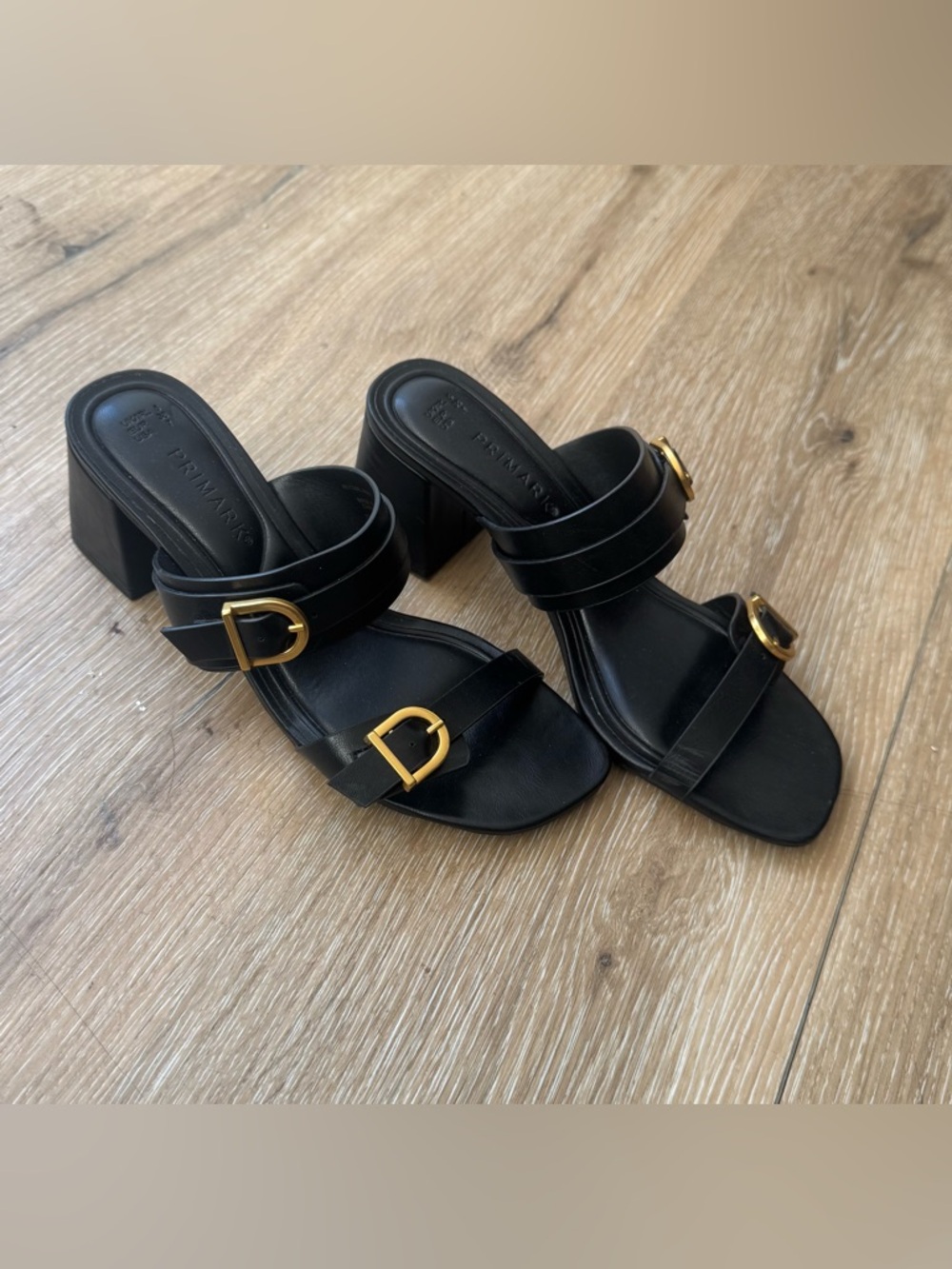 Primark Black Slide Heels with Gold Buckle Detail